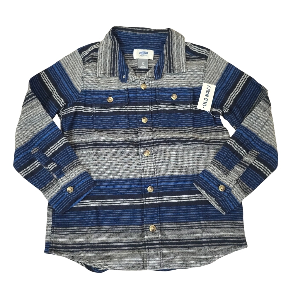 Old Navy Button Down Striped Blue and Gray Kids Long Sleeve Top Shirt Boys Sz 5T